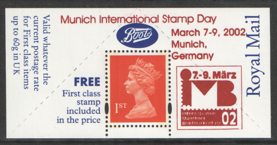 "Munich Stamp Day 2002" overprinted Boots 1st Class Stamp & Label (image for) "Munich Stamp Day 2002" overprinted Boots 1st Class Stamp & Label